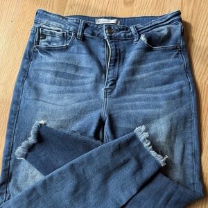 Blue Women's Mid-Rise Stretch Jeans with Frayed Hem